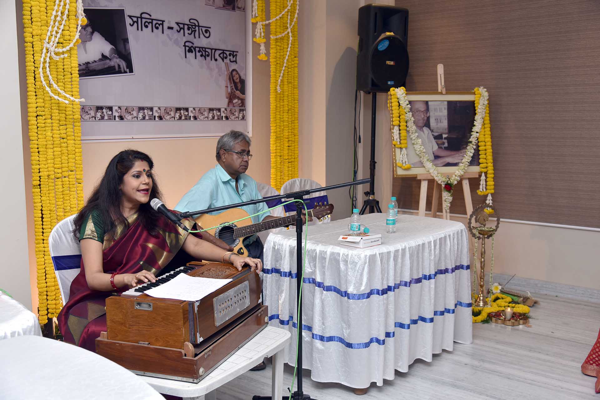 Smt Antara Chowdhury taking her first class at Surodhwoni along with guitarist Satyaban Ukil